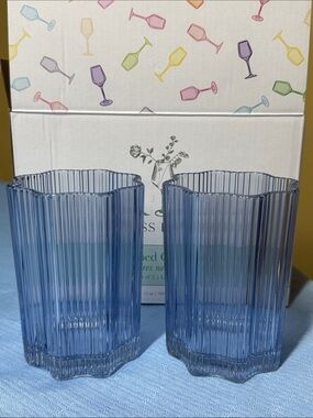 GLASS HAUSE ~ Two (2) Blue Ribbed Glasses  ~ 12oz ~ 4.5"